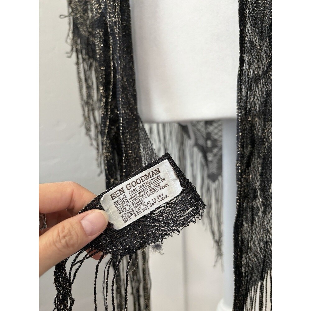 Vintage Ben Goodman Black Gold Metallic Lace Fringe Triangle Shawl Wrap FLAW - Picture 2 of 8